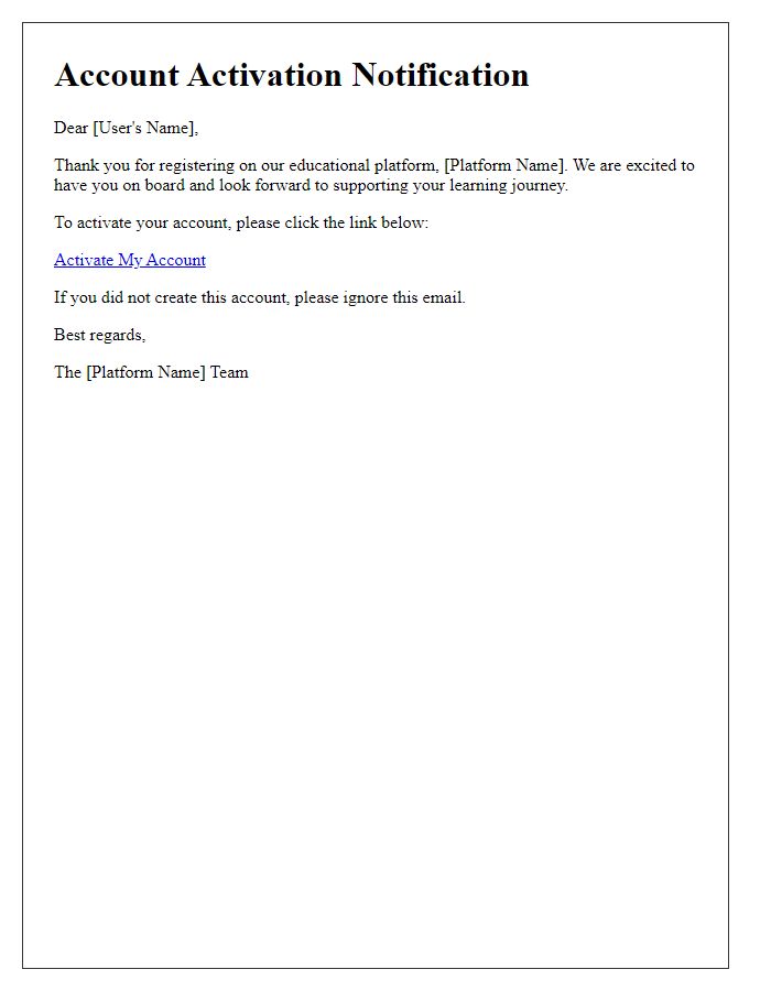 Letter template of account activation notification for educational platforms