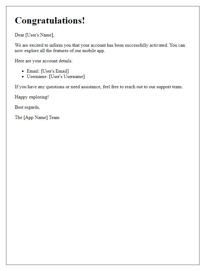 Letter template of account activation success for mobile app users