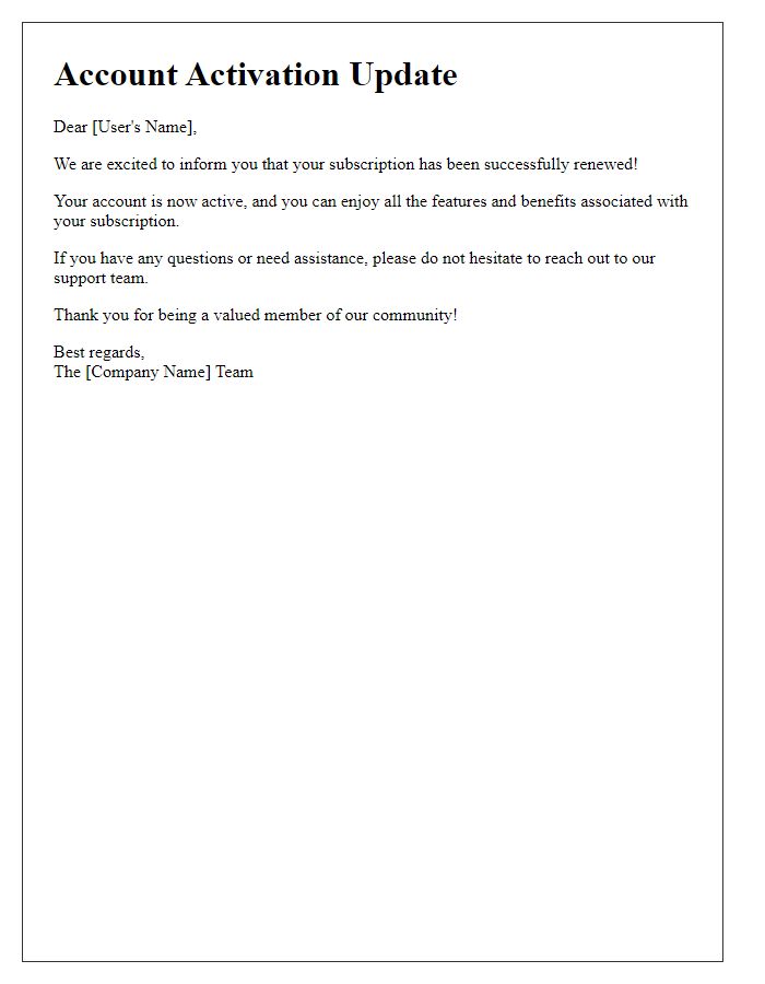 Letter template of account activation update for subscription renewals