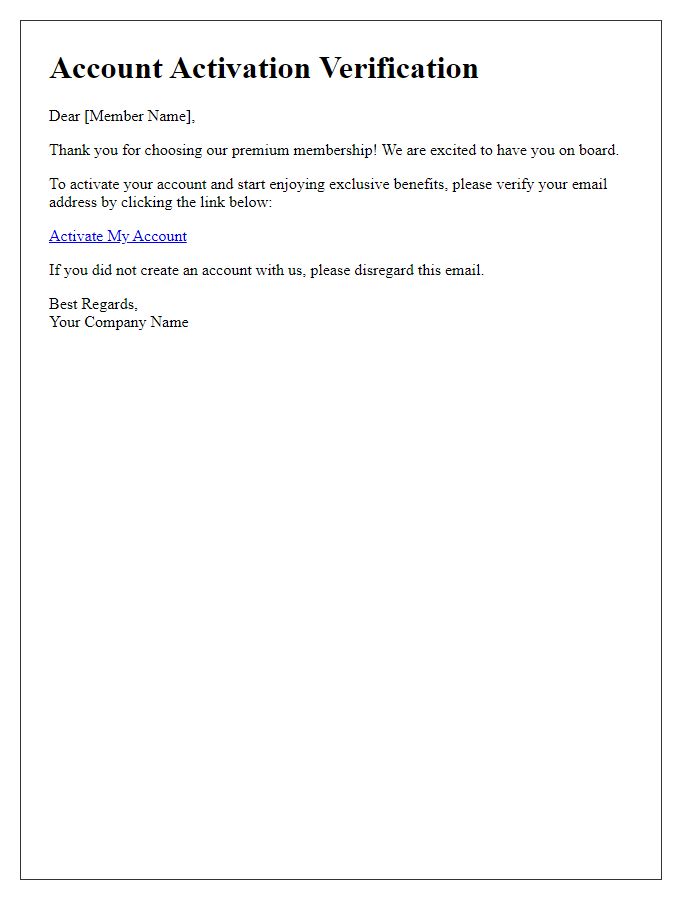 Letter template of account activation verification for premium members