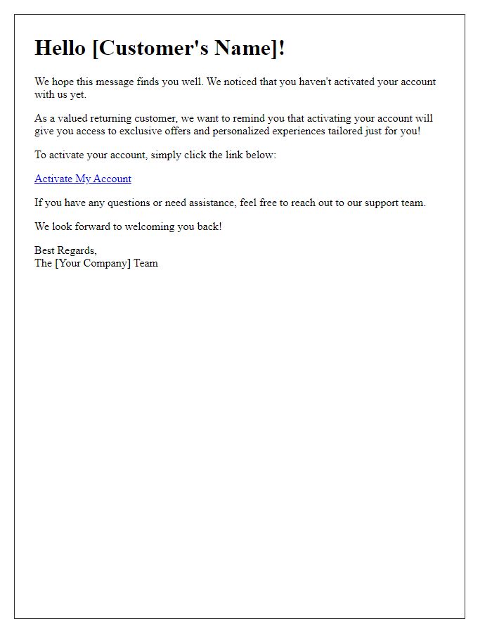 Letter template of friendly account activation reminder for returning customers