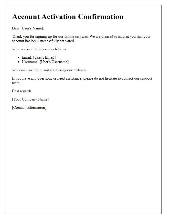 Letter template of immediate account activation confirmation for online services