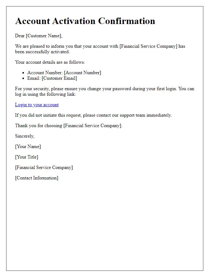 Letter template of secure account activation confirmation for financial services