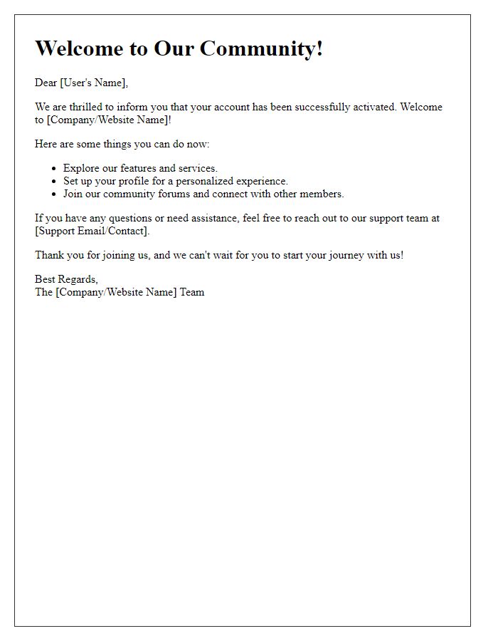 Letter template of welcome message upon account activation