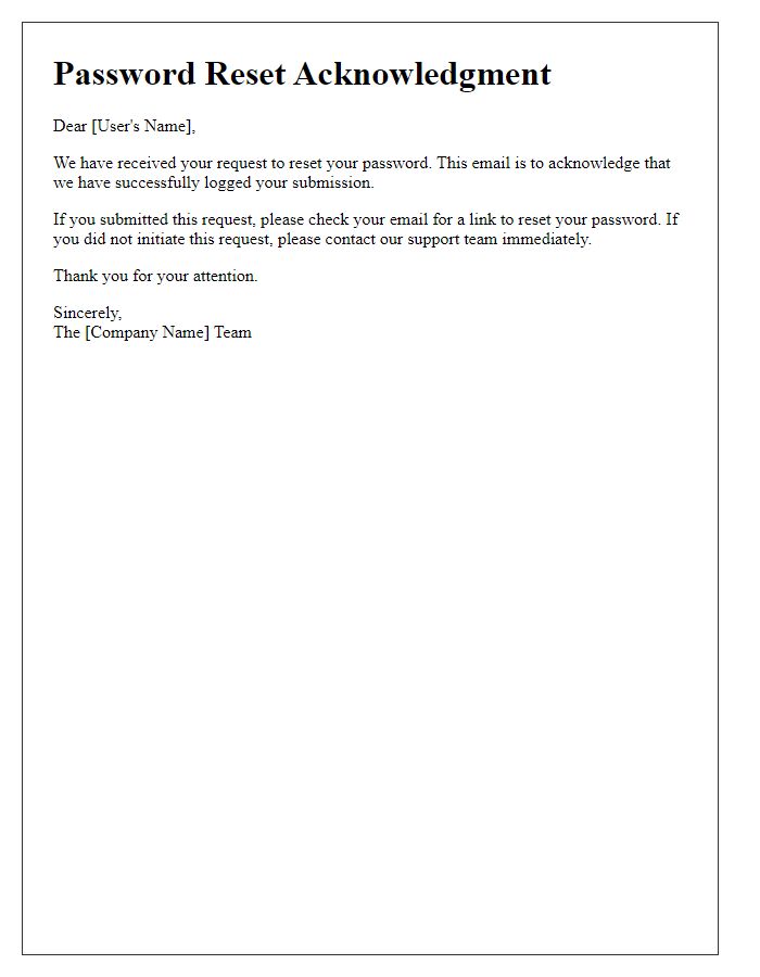 Letter template of Acknowledgment for Password Reset Submission
