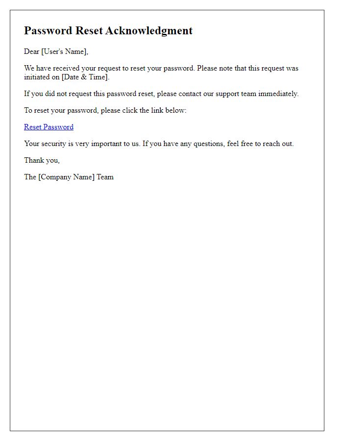 Letter template of Password Reset Acknowledgment