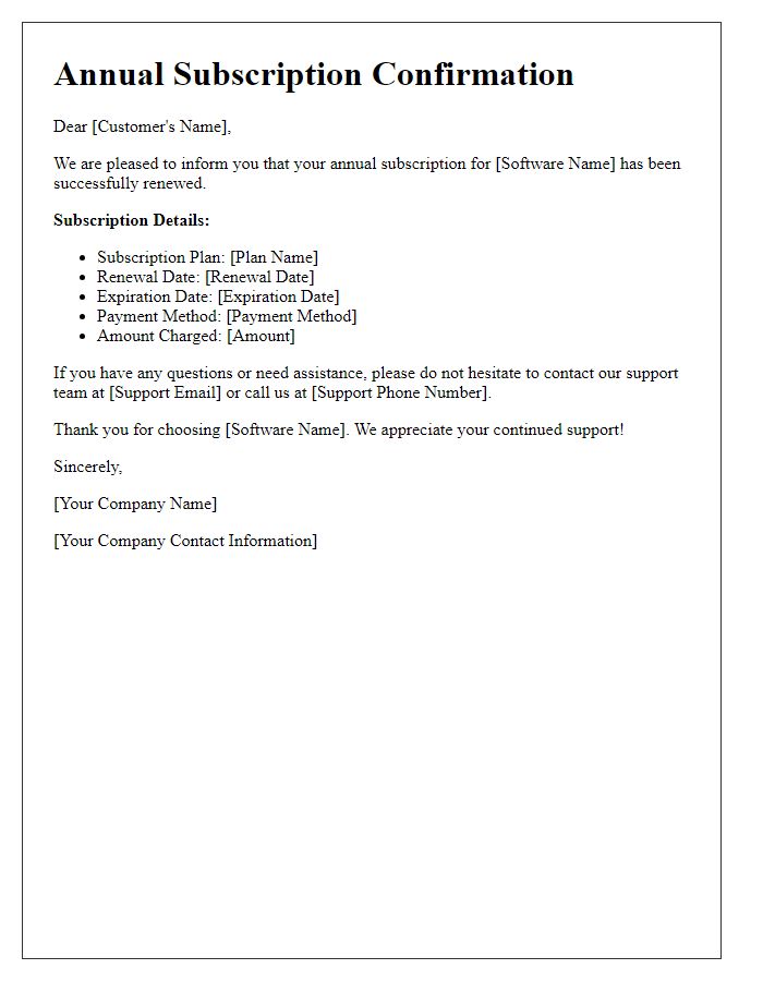Letter template of annual software subscription confirmation