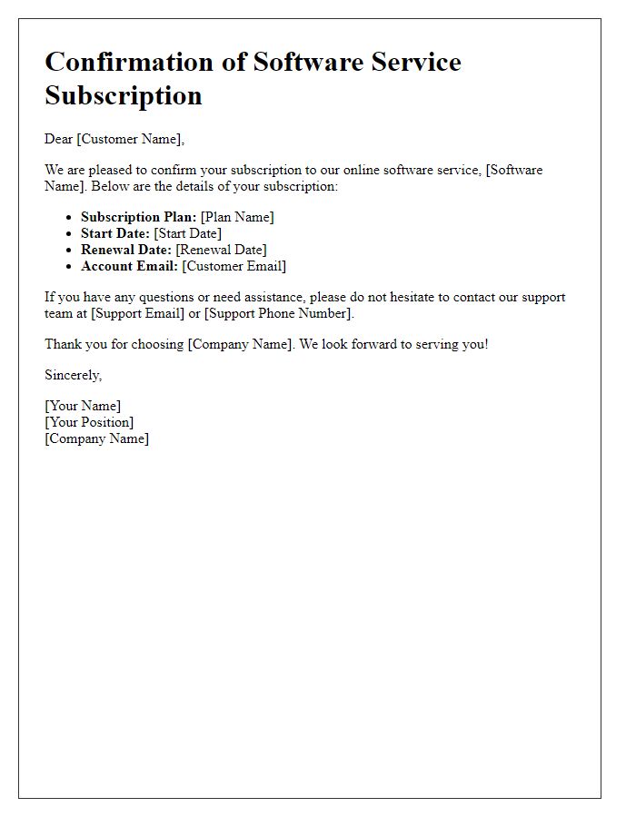 Letter template of confirmation for online software service
