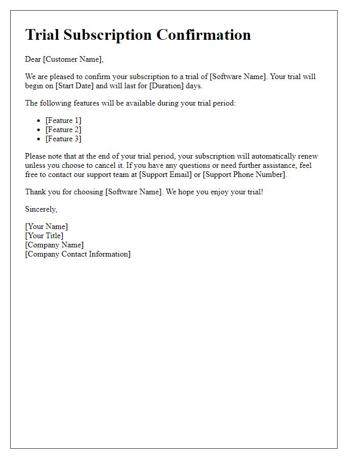 Letter template of confirmation for software trial subscription