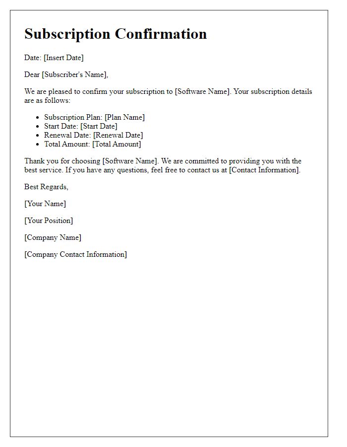 Letter template of formal software subscription confirmation