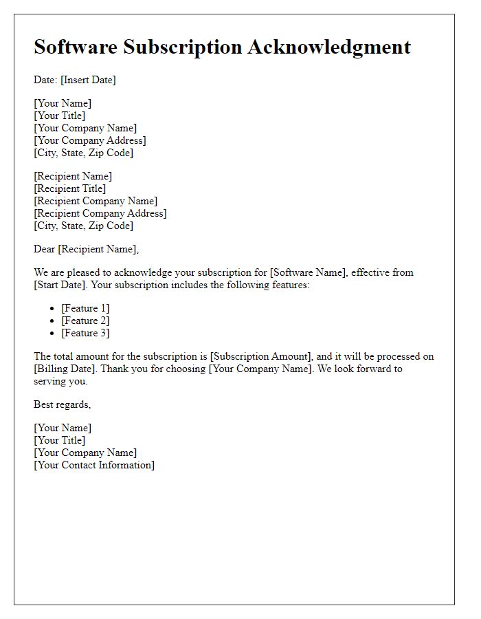 Letter template of software subscription acknowledgment