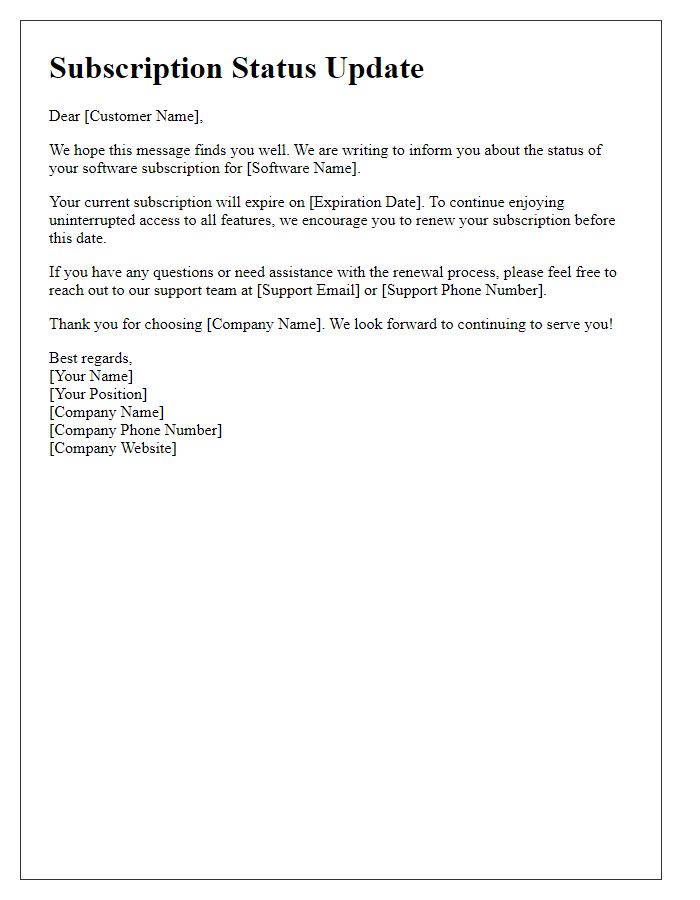 Letter template of software subscription status update