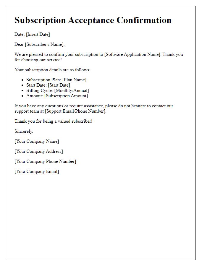 Letter template of subscription acceptance for software application