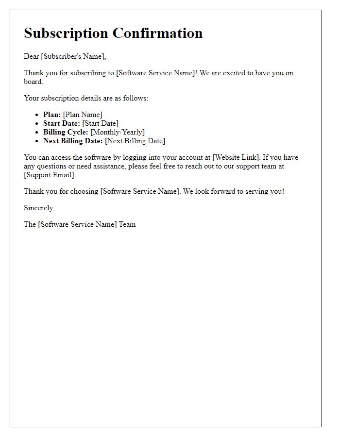 Letter template of subscription confirmation for software service