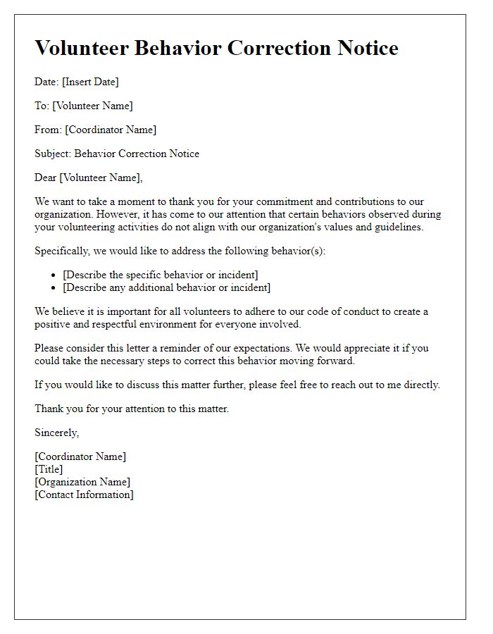 Letter template of volunteer behavior correction notice