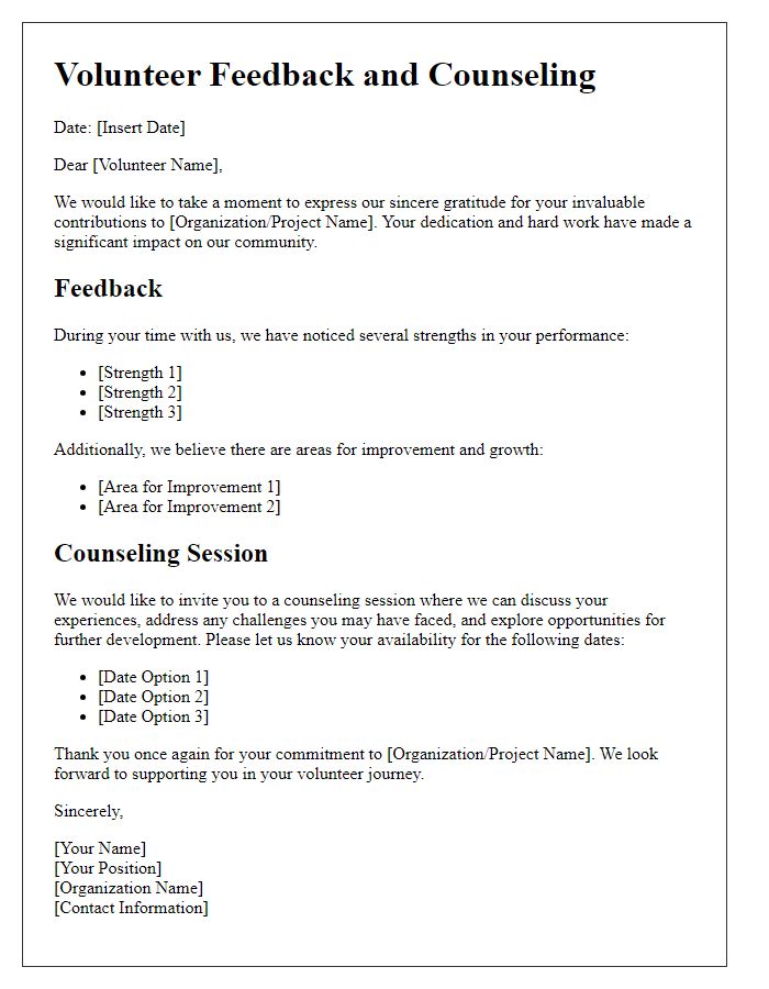 Letter template of volunteer feedback and counseling