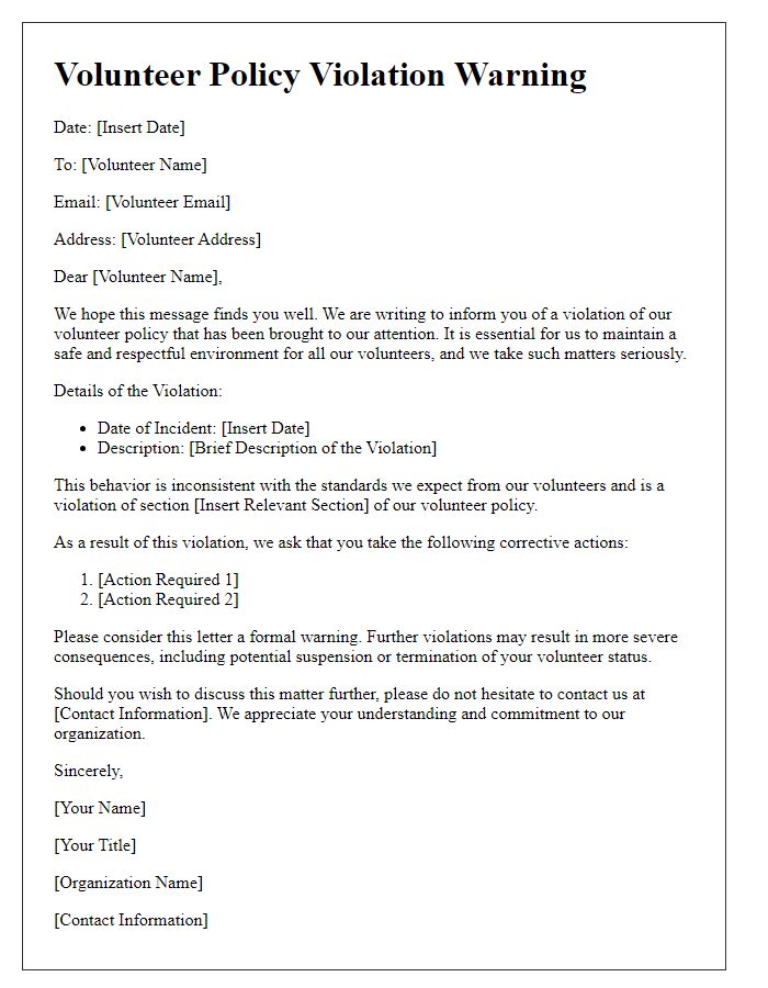 Letter template of volunteer policy violation warning