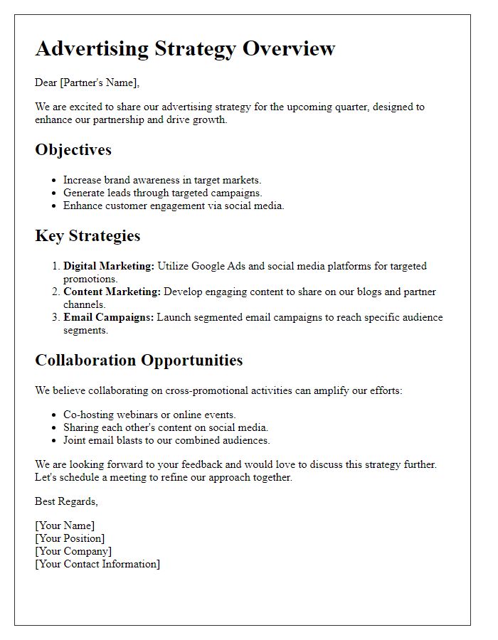 Letter template of advertising strategy specifics for partners