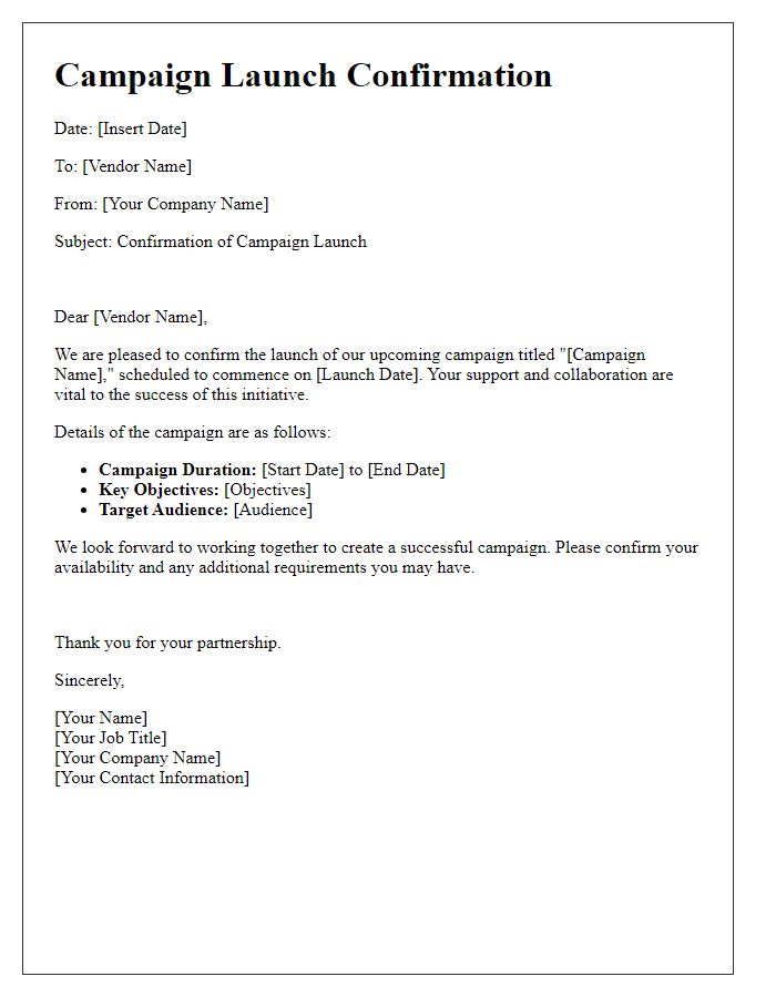 Letter template of campaign launch confirmation for vendors