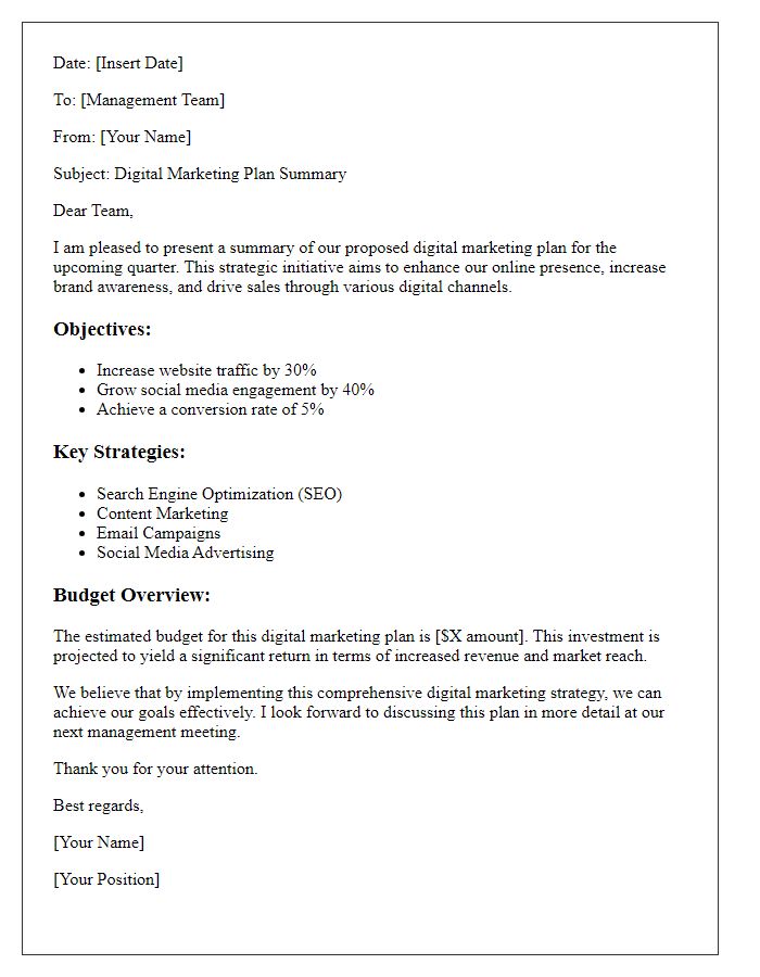 Letter template of digital marketing plan summary for management