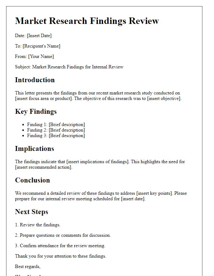 Letter template of market research findings for internal review