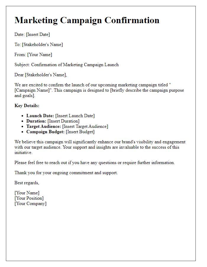 Letter template of marketing campaign confirmation for stakeholders