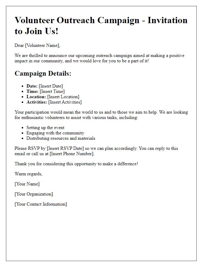 Letter template of outreach campaign specifics for volunteers