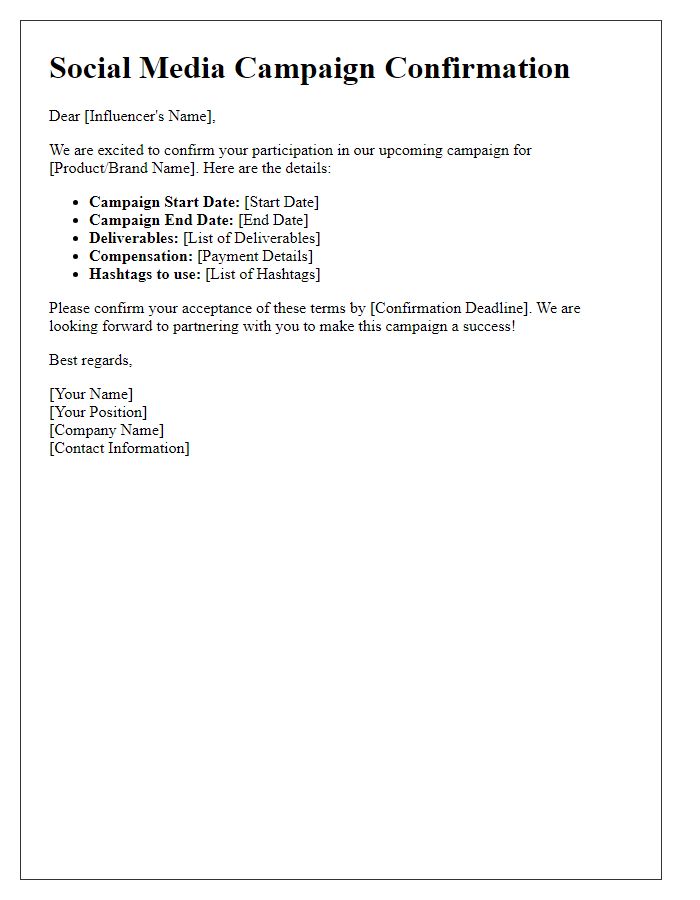 Letter template of social media campaign confirmation for influencers