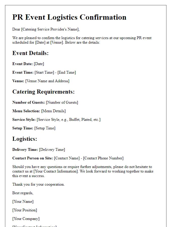 Letter template of PR event logistics confirmation for catering services.