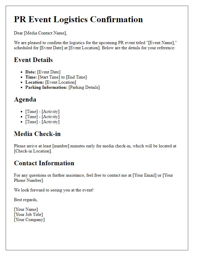 Letter template of PR event logistics confirmation for media outreach.