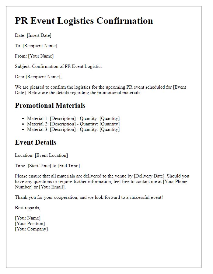 Letter template of PR event logistics confirmation for promotional materials.