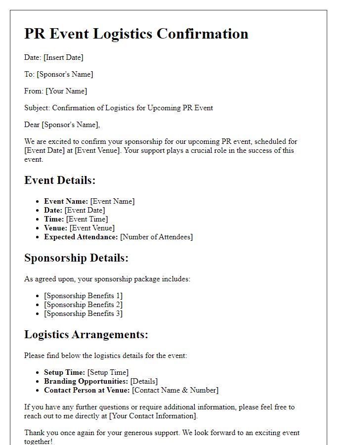 Letter template of PR event logistics confirmation for sponsorship details.