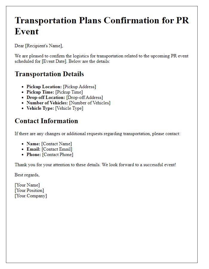 Letter template of PR event logistics confirmation for transportation plans.