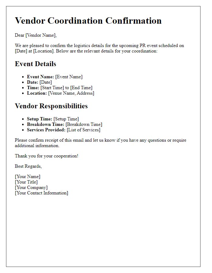 Letter template of PR event logistics confirmation for vendor coordination.