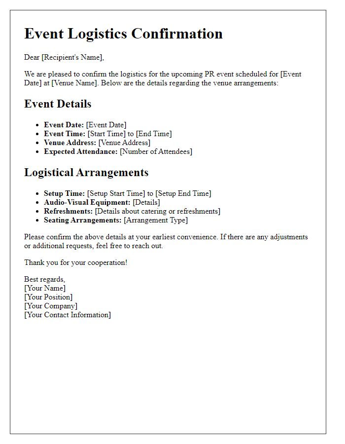 Letter template of PR event logistics confirmation for venue arrangements.