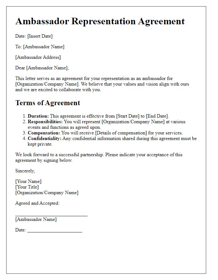 Letter template of agreement for ambassador representation