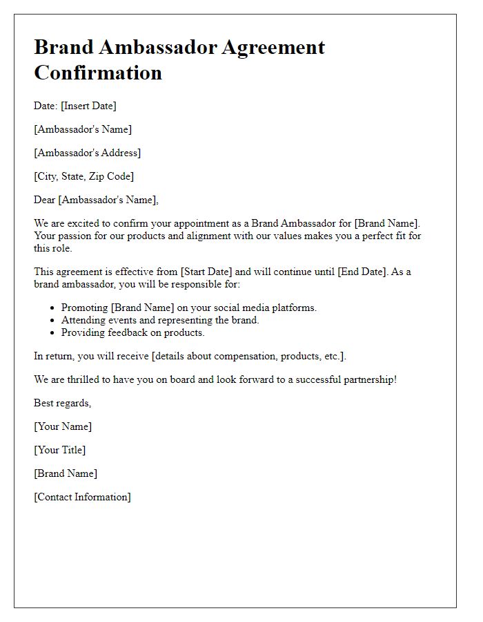 Letter template of brand ambassador agreement confirmation