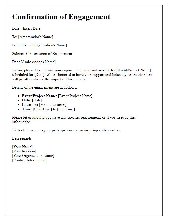 Letter template of confirmation for ambassador engagement