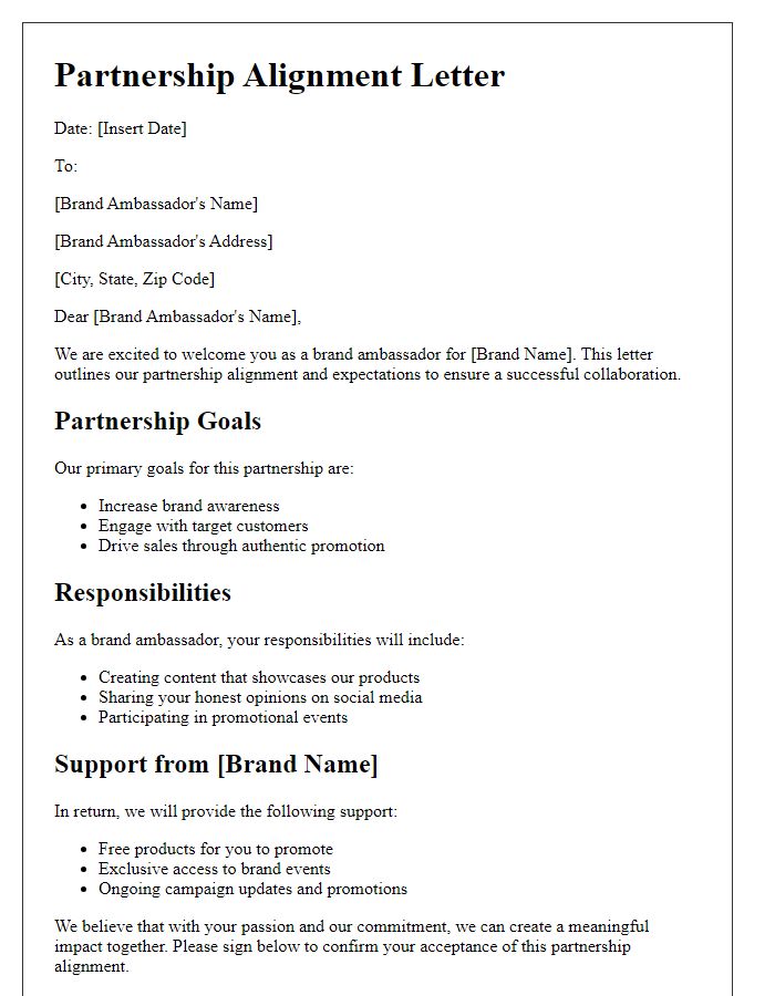 Letter template of partnership alignment for brand ambassador