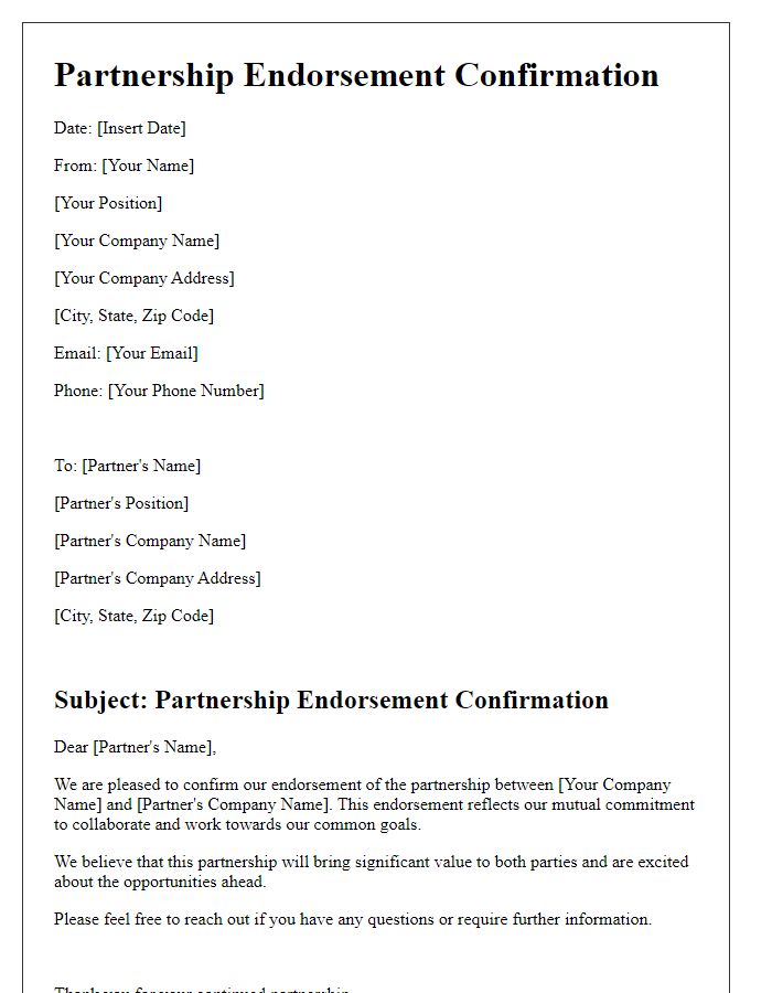 Letter template of partnership endorsement confirmation