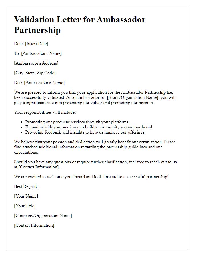 Letter template of validation for ambassador partnership