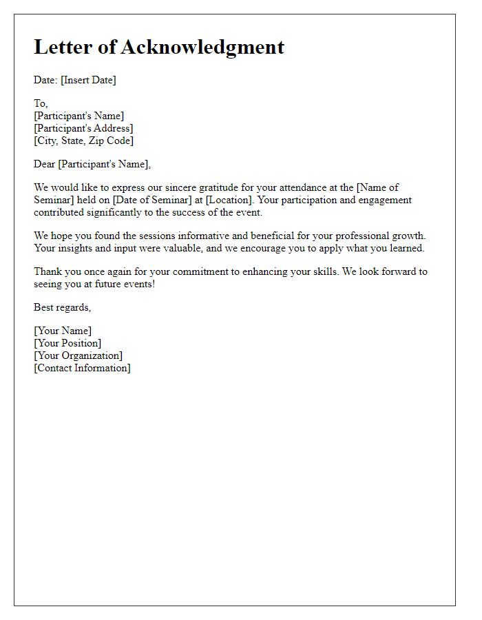 Letter template of acknowledgment for attending the training seminar