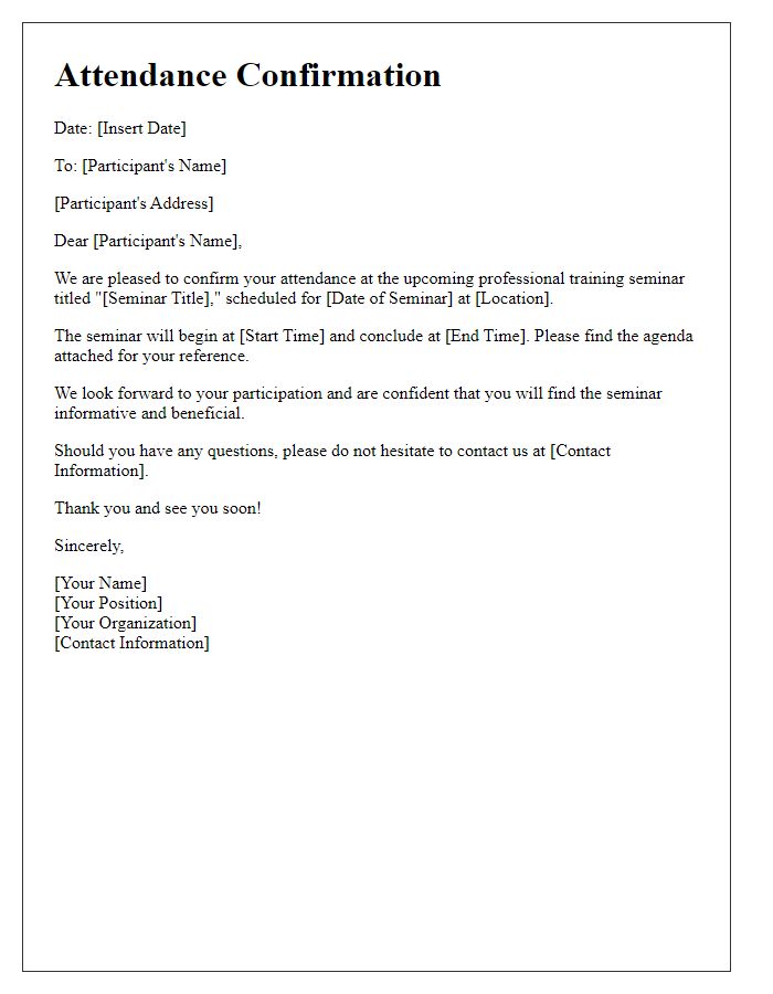 Letter template of attendance confirmation for professional training seminar