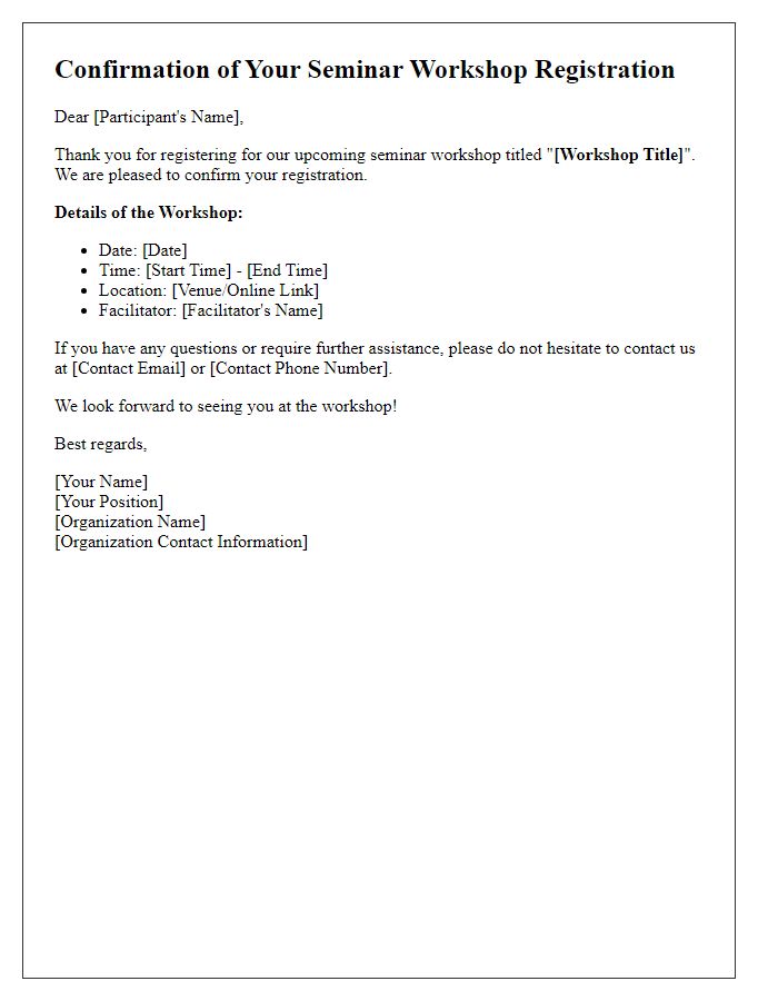 Letter template of confirmation email for seminar workshop registration