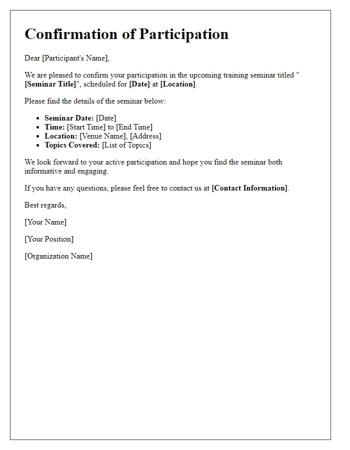 Letter template of confirmation for upcoming training seminar participation