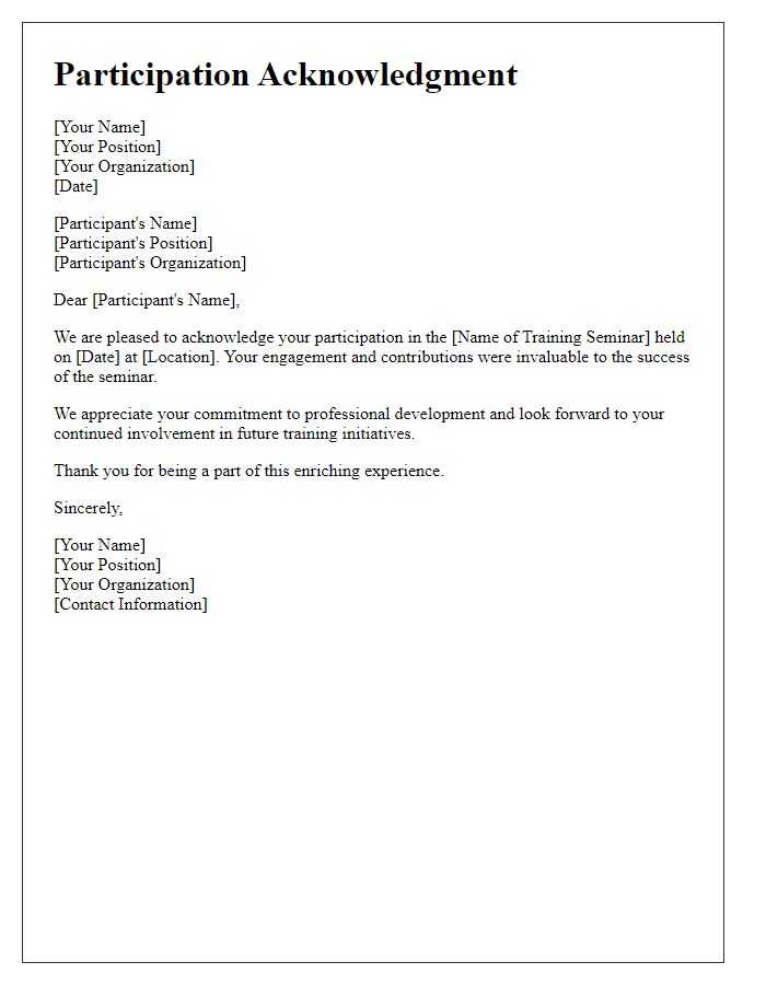 Letter template of participation acknowledgment for the training seminar