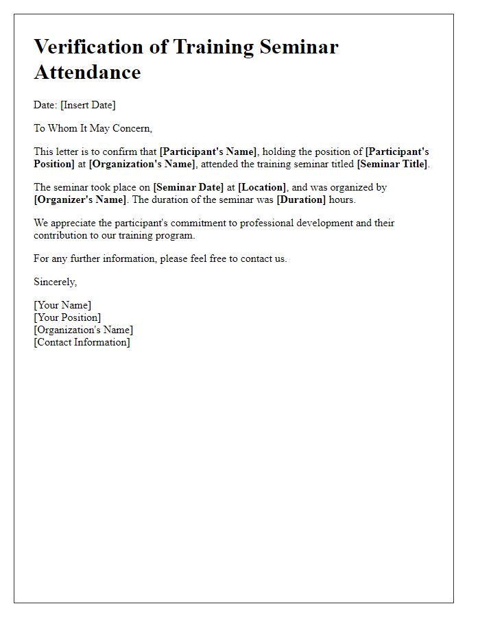 Letter template of verification for training seminar attendance