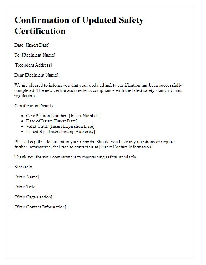 Letter template of Confirmation of Updated Safety Certification