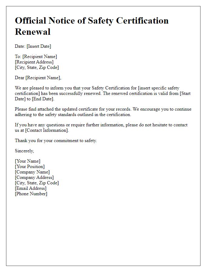 Letter template of Official Notice of Safety Certification Renewal