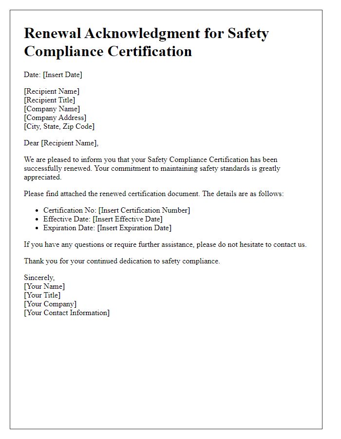 Letter template of Renewal Acknowledgment for Safety Compliance Certification